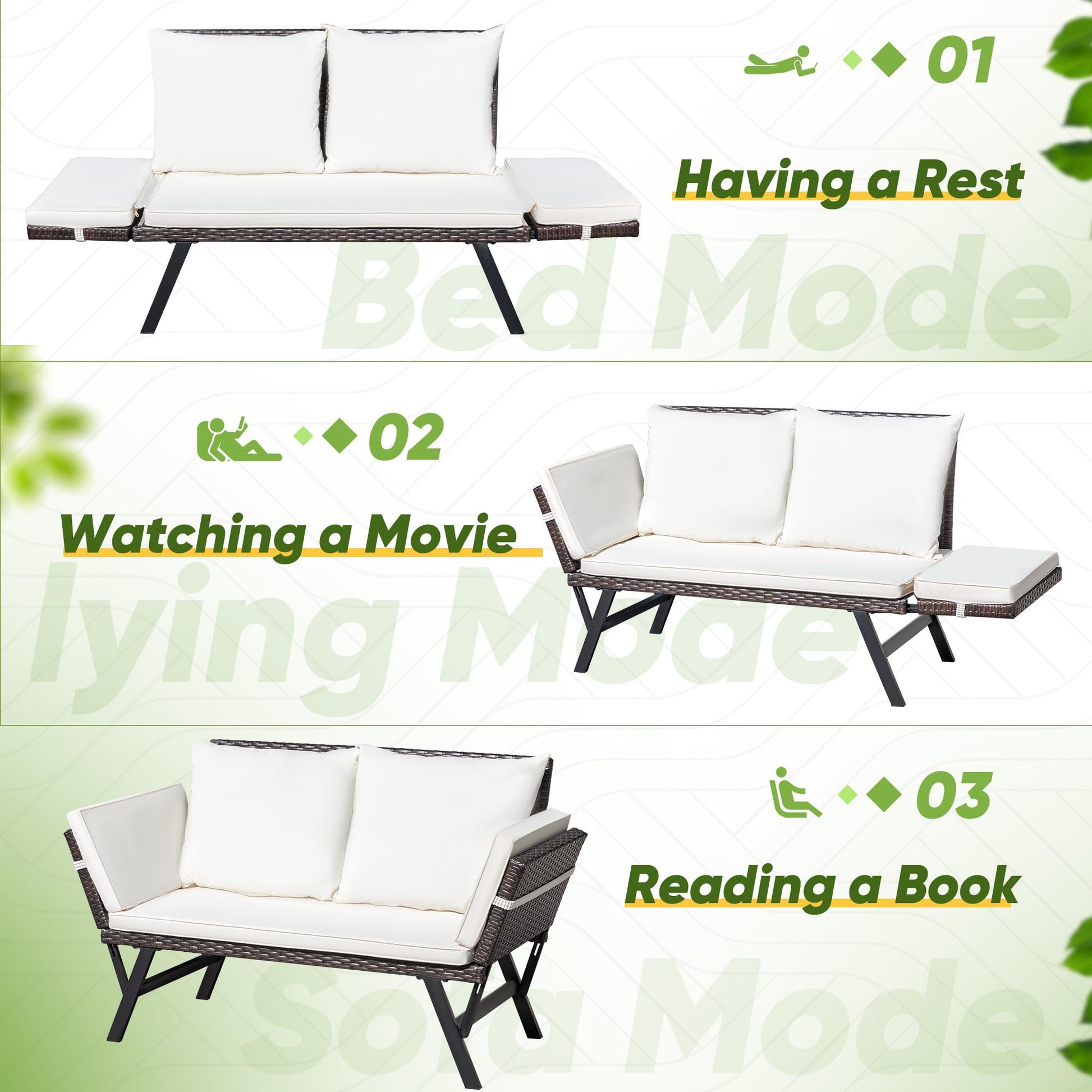 Greesum Outdoor Sofa, Woven Rattan Patio Furniture, Convertible Daybed or Double Chair with Adjustable Armrests, Cushions and Pillows for Yard, Porch, Pool, Brown Lounger & Beige Pillowcase - CookCave