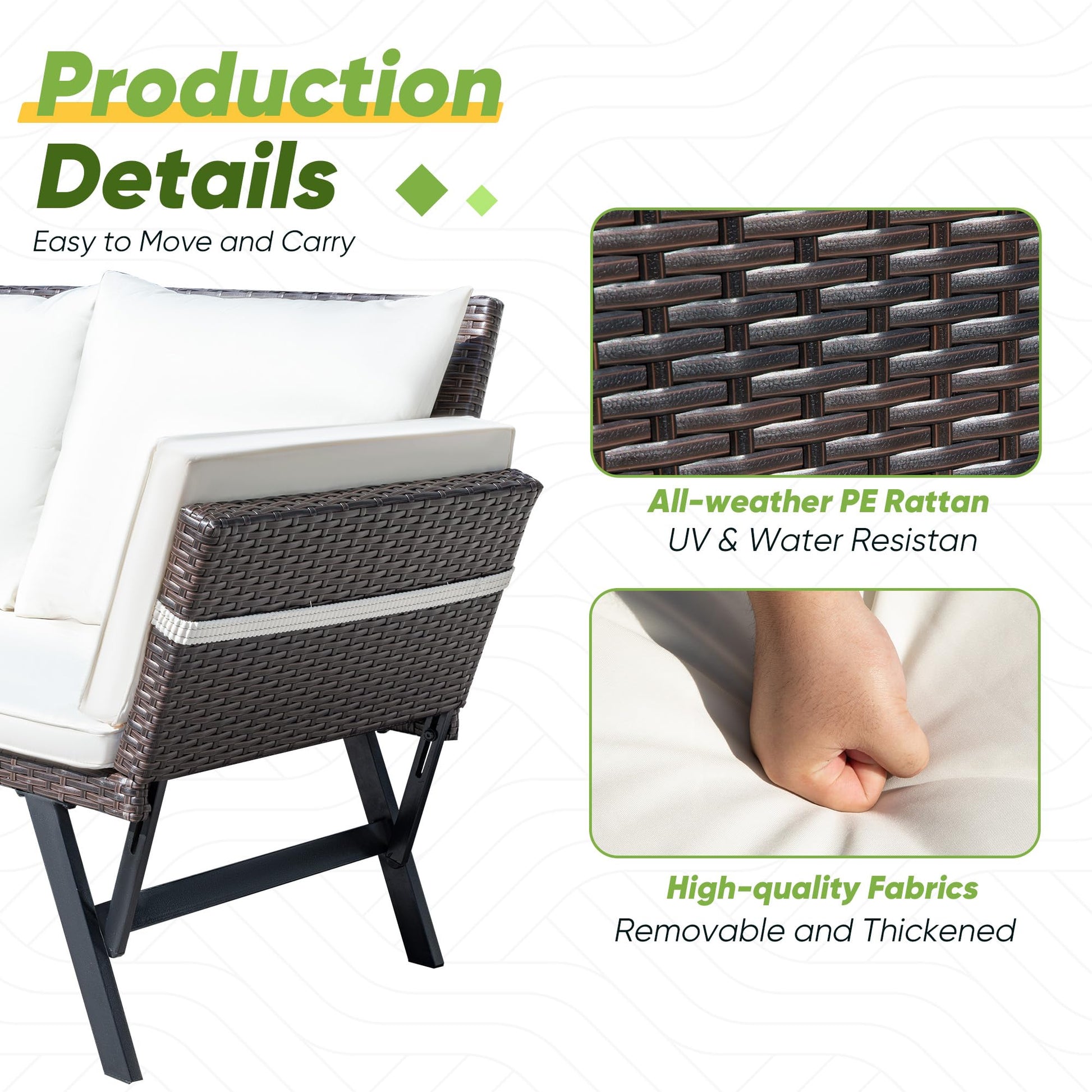 Greesum Outdoor Sofa, Woven Rattan Patio Furniture, Convertible Daybed or Double Chair with Adjustable Armrests, Cushions and Pillows for Yard, Porch, Pool, Brown Lounger & Beige Pillowcase - CookCave