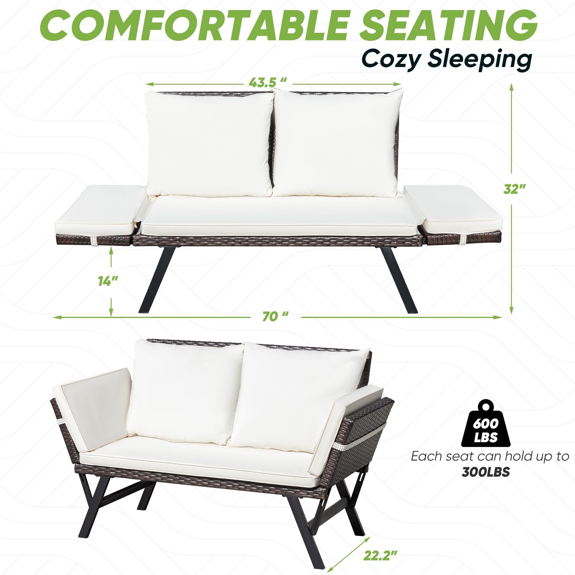 Greesum Outdoor Sofa, Woven Rattan Patio Furniture, Convertible Daybed or Double Chair with Adjustable Armrests, Cushions and Pillows for Yard, Porch, Pool, Brown Lounger & Beige Pillowcase - CookCave