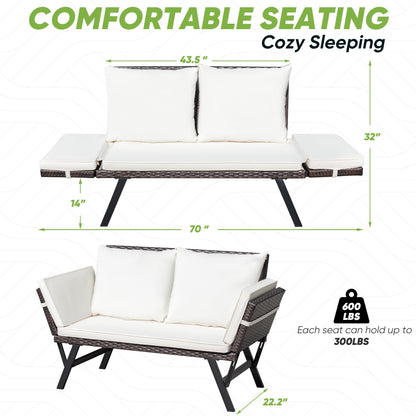 Greesum Outdoor Sofa, Woven Rattan Patio Furniture, Convertible Daybed or Double Chair with Adjustable Armrests, Cushions and Pillows for Yard, Porch, Pool, Brown Lounger & Beige Pillowcase - CookCave