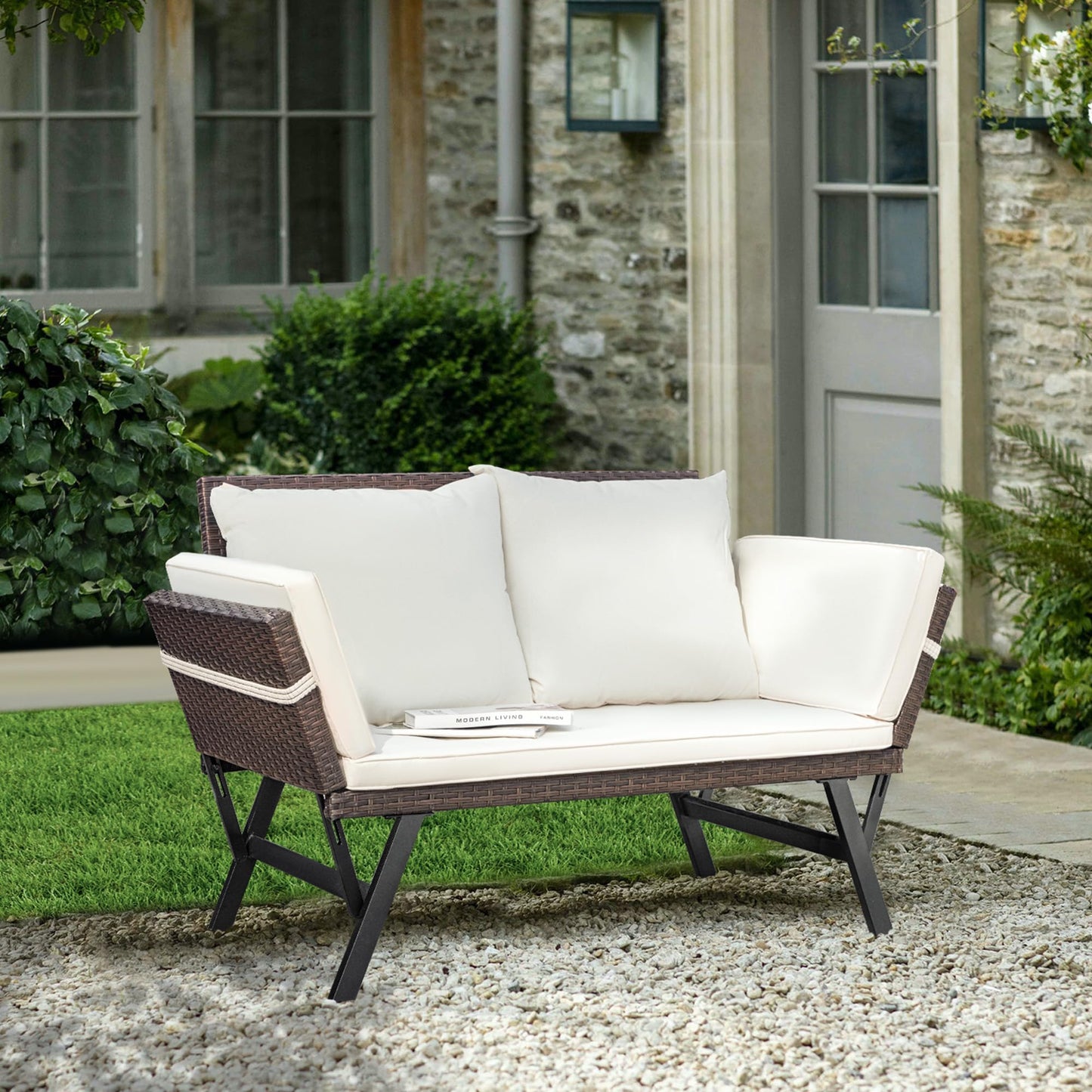 Greesum Outdoor Sofa, Woven Rattan Patio Furniture, Convertible Daybed or Double Chair with Adjustable Armrests, Cushions and Pillows for Yard, Porch, Pool, Brown Lounger & Beige Pillowcase - CookCave