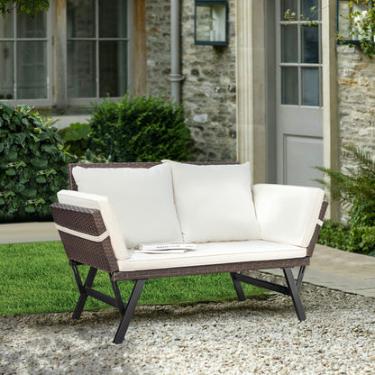 Greesum Outdoor Sofa, Woven Rattan Patio Furniture, Convertible Daybed or Double Chair with Adjustable Armrests, Cushions and Pillows for Yard, Porch, Pool, Brown Lounger & Beige Pillowcase - CookCave