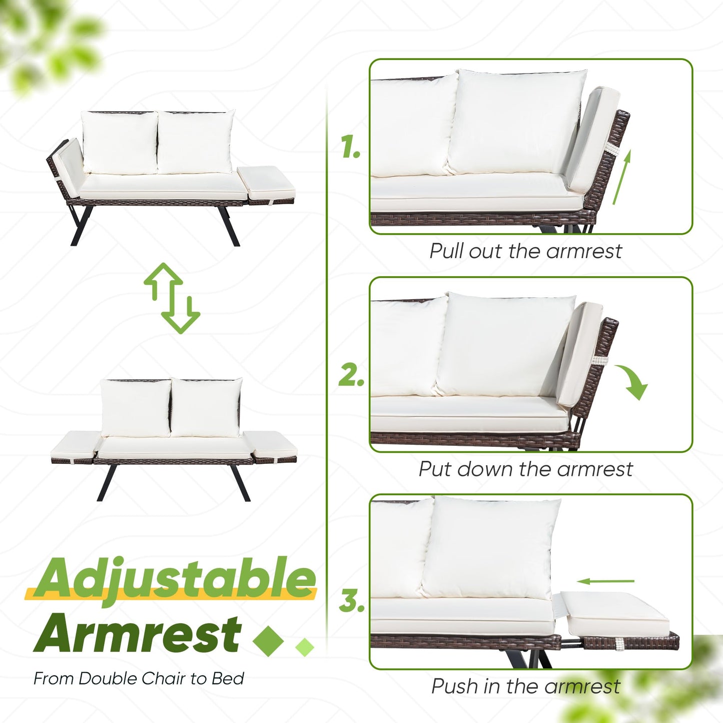 Greesum Outdoor Sofa, Woven Rattan Patio Furniture, Convertible Daybed or Double Chair with Adjustable Armrests, Cushions and Pillows for Yard, Porch, Pool, Brown Lounger & Beige Pillowcase - CookCave