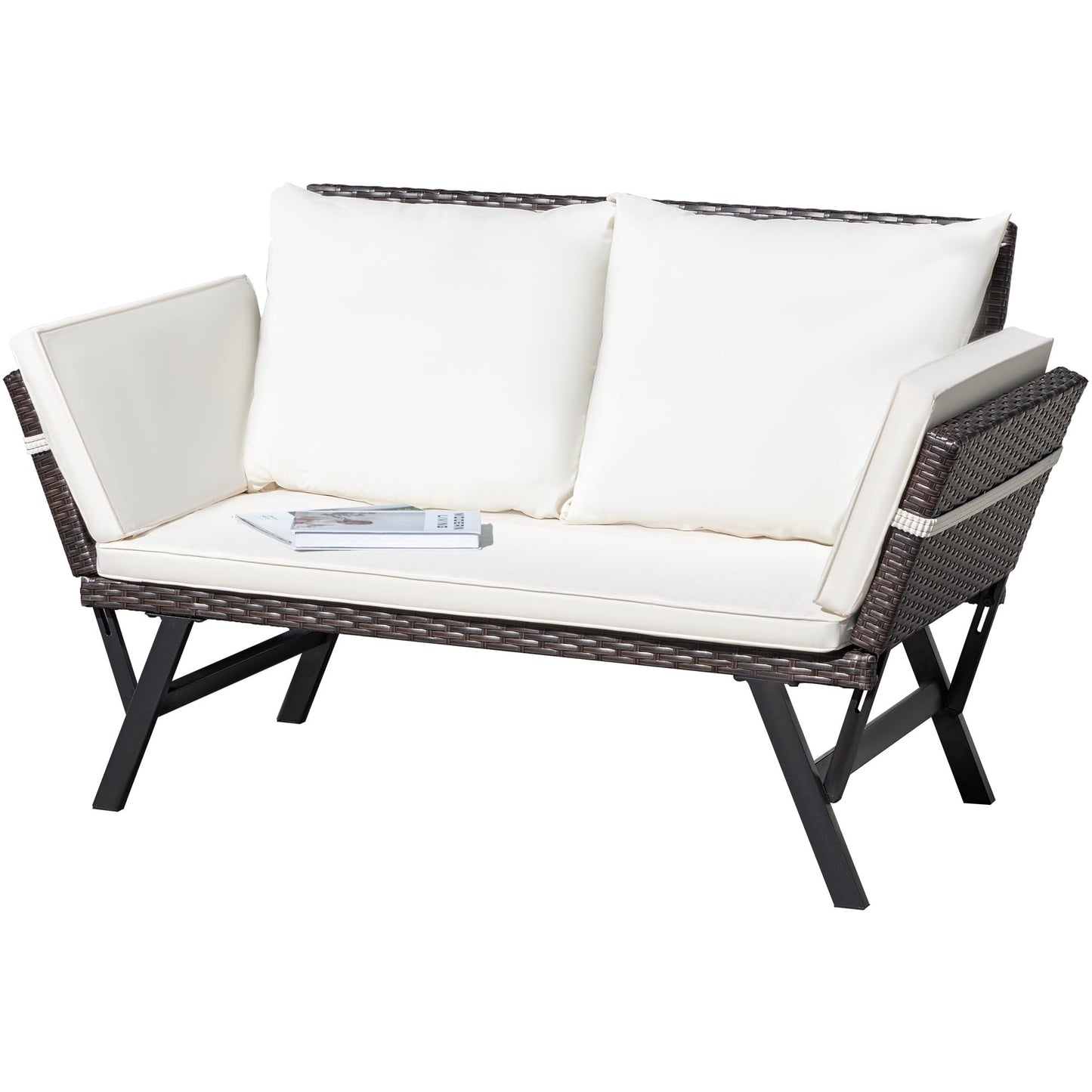 Greesum Outdoor Sofa, Woven Rattan Patio Furniture, Convertible Daybed or Double Chair with Adjustable Armrests, Cushions and Pillows for Yard, Porch, Pool, Brown Lounger & Beige Pillowcase - CookCave