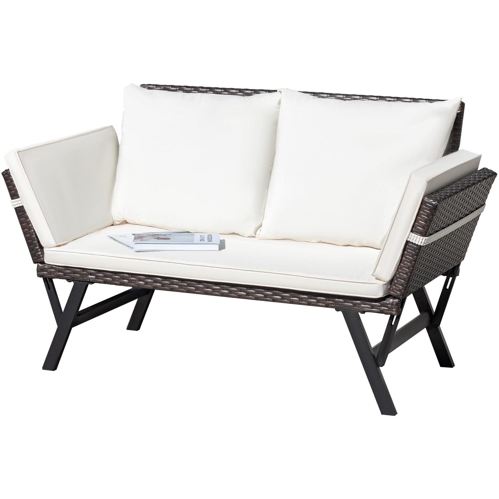 Greesum Outdoor Sofa, Woven Rattan Patio Furniture, Convertible Daybed or Double Chair with Adjustable Armrests, Cushions and Pillows for Yard, Porch, Pool, Brown Lounger & Beige Pillowcase - CookCave