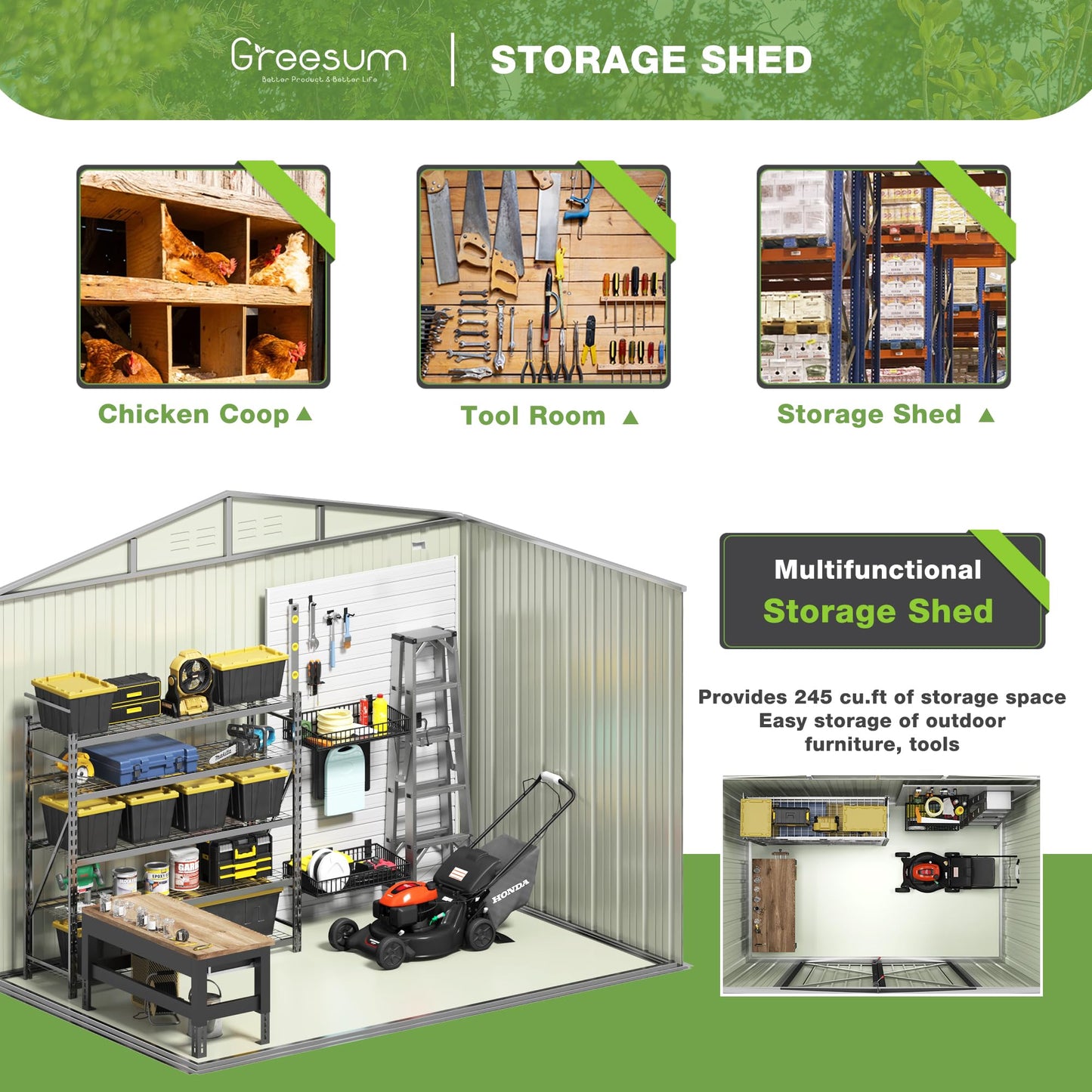 Greesum Outdoor Storage Shed 6 x 8 ft. Utility Tool Shed Metal Storage Garden Shed with Door & Lock for Patio Storage, Brown - CookCave