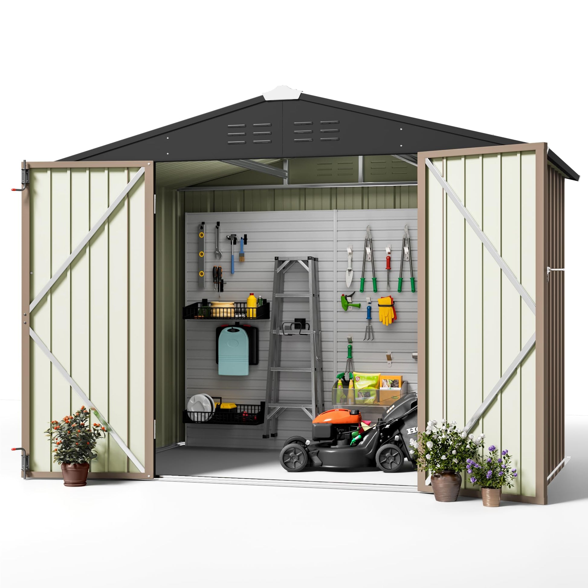 Greesum Outdoor Storage Shed 6 x 8 ft. Utility Tool Shed Metal Storage Garden Shed with Door & Lock for Patio Storage, Brown - CookCave
