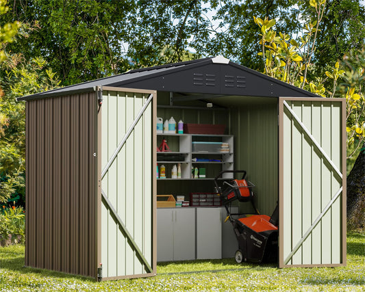 Greesum Outdoor Storage Shed 6 x 8 ft. Utility Tool Shed Metal Storage Garden Shed with Door & Lock for Patio Storage, Brown - CookCave