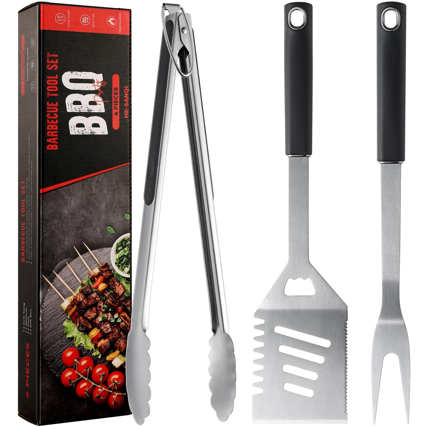 Griddle Accessories Kit - Grilling Accessories, Stainless Steel Heavy Duty Grill Tools Set with Spatula, Fork, Tongs and Gift-Box for Outdoor Barbecue, Home Grill (3PCS) - CookCave