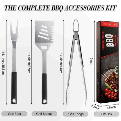 Griddle Accessories Kit - Grilling Accessories, Stainless Steel Heavy Duty Grill Tools Set with Spatula, Fork, Tongs and Gift-Box for Outdoor Barbecue, Home Grill (3PCS) - CookCave