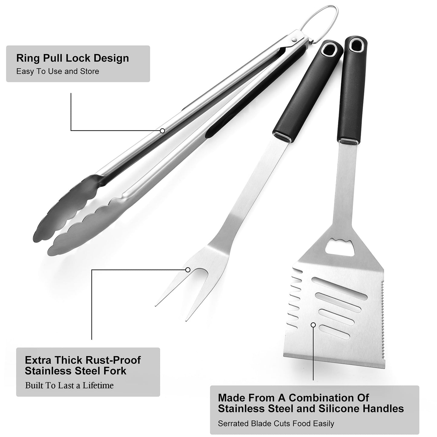 Griddle Accessories Kit - Grilling Accessories, Stainless Steel Heavy Duty Grill Tools Set with Spatula, Fork, Tongs and Gift-Box for Outdoor Barbecue, Home Grill (3PCS) - CookCave