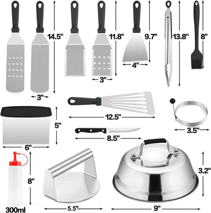 Griddle Accessories Kit of 20, HaSteeL Heavy Duty Metal Spatula Set, Stainless Steel Teppanyaki Tools for Flat Top, Barbecue Grilling Indoor & Outdoor, Melting Dome, Burger Turner, Dishwasher Safe - CookCave