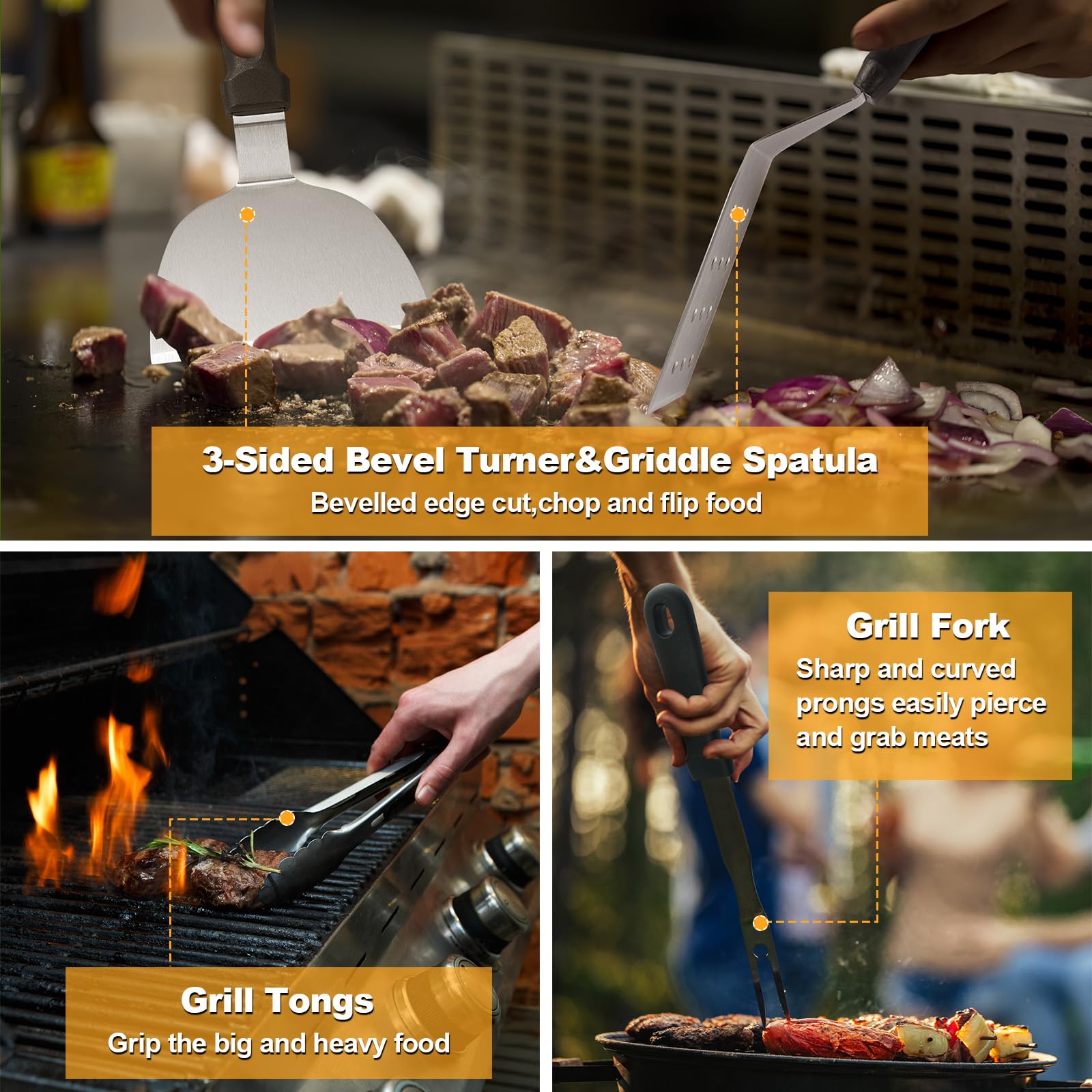 Griddle Accessories Kit, Terlulu 29 PCS Flat Top Grill Accessories for Blackstone and Camp Chef, Metal Spatula Set with Burger Press, Melting Dome, Scraper, Tongs, Carry Bag for Outdoor Grilling BBQ - CookCave