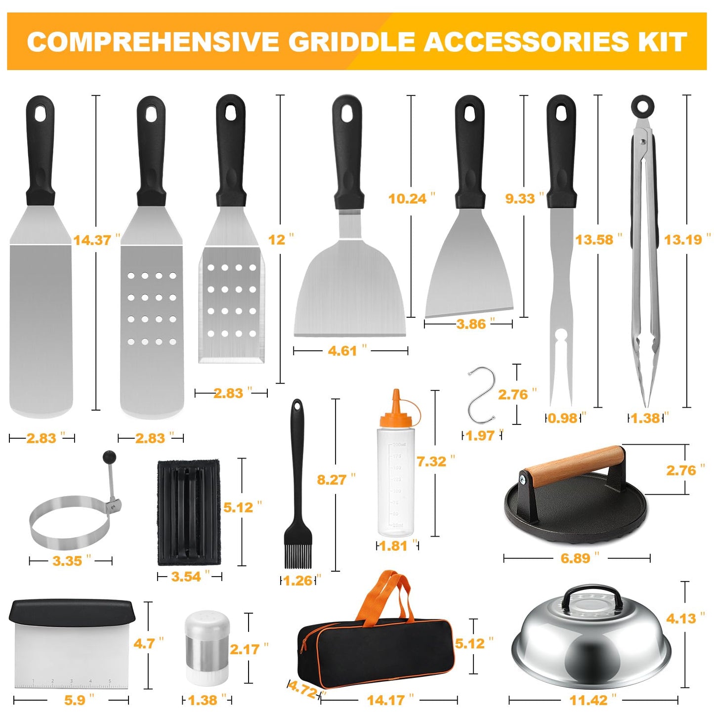 Griddle Accessories Kit, Terlulu 29 PCS Flat Top Grill Accessories for Blackstone and Camp Chef, Metal Spatula Set with Burger Press, Melting Dome, Scraper, Tongs, Carry Bag for Outdoor Grilling BBQ - CookCave