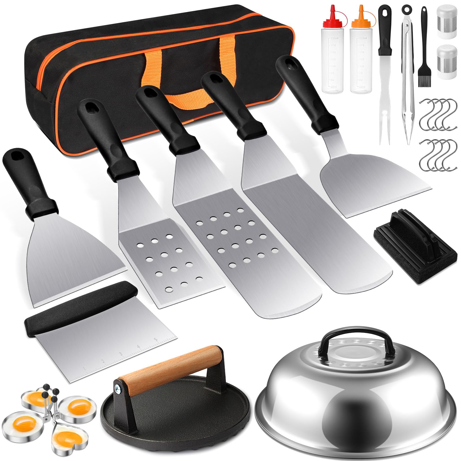 Griddle Accessories Kit, Terlulu 29 PCS Flat Top Grill Accessories for Blackstone and Camp Chef, Metal Spatula Set with Burger Press, Melting Dome, Scraper, Tongs, Carry Bag for Outdoor Grilling BBQ - CookCave
