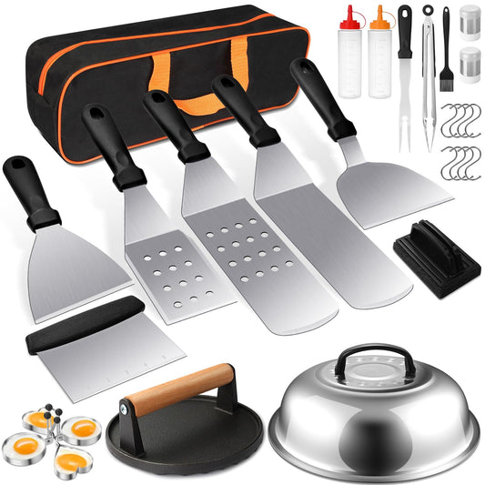 Griddle Accessories Kit, Terlulu 29 PCS Flat Top Grill Accessories for Blackstone and Camp Chef, Metal Spatula Set with Burger Press, Melting Dome, Scraper, Tongs, Carry Bag for Outdoor Grilling BBQ - CookCave