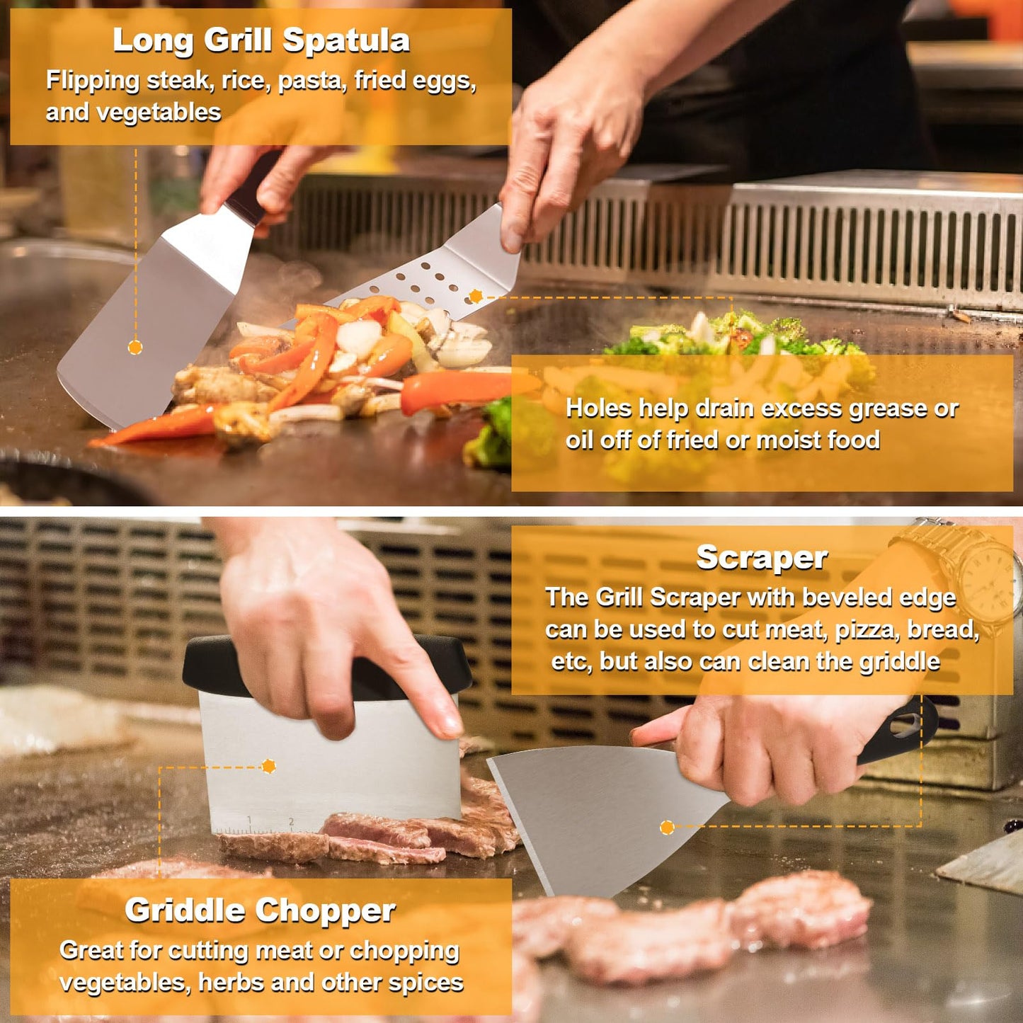 Griddle Accessories Kit, Terlulu 29 PCS Flat Top Grill Accessories for Blackstone and Camp Chef, Metal Spatula Set with Burger Press, Melting Dome, Scraper, Tongs, Carry Bag for Outdoor Grilling BBQ - CookCave