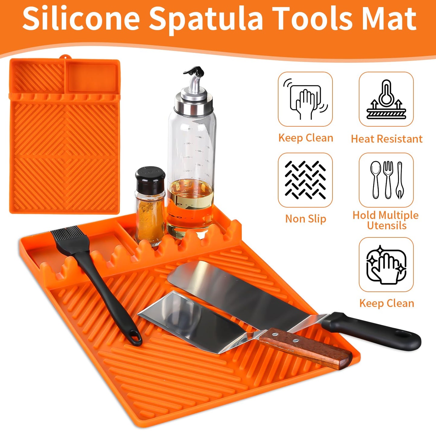 Griddle Mat Barbeque Grill Accessories Tools for Blackstone, Side Shelf Mat Grill Pad for Outdoor Grill Kitchen Counter Spatula Silicone Mat with Drip Pad for Kitchen, Cooking, Countertop (Orange) - CookCave