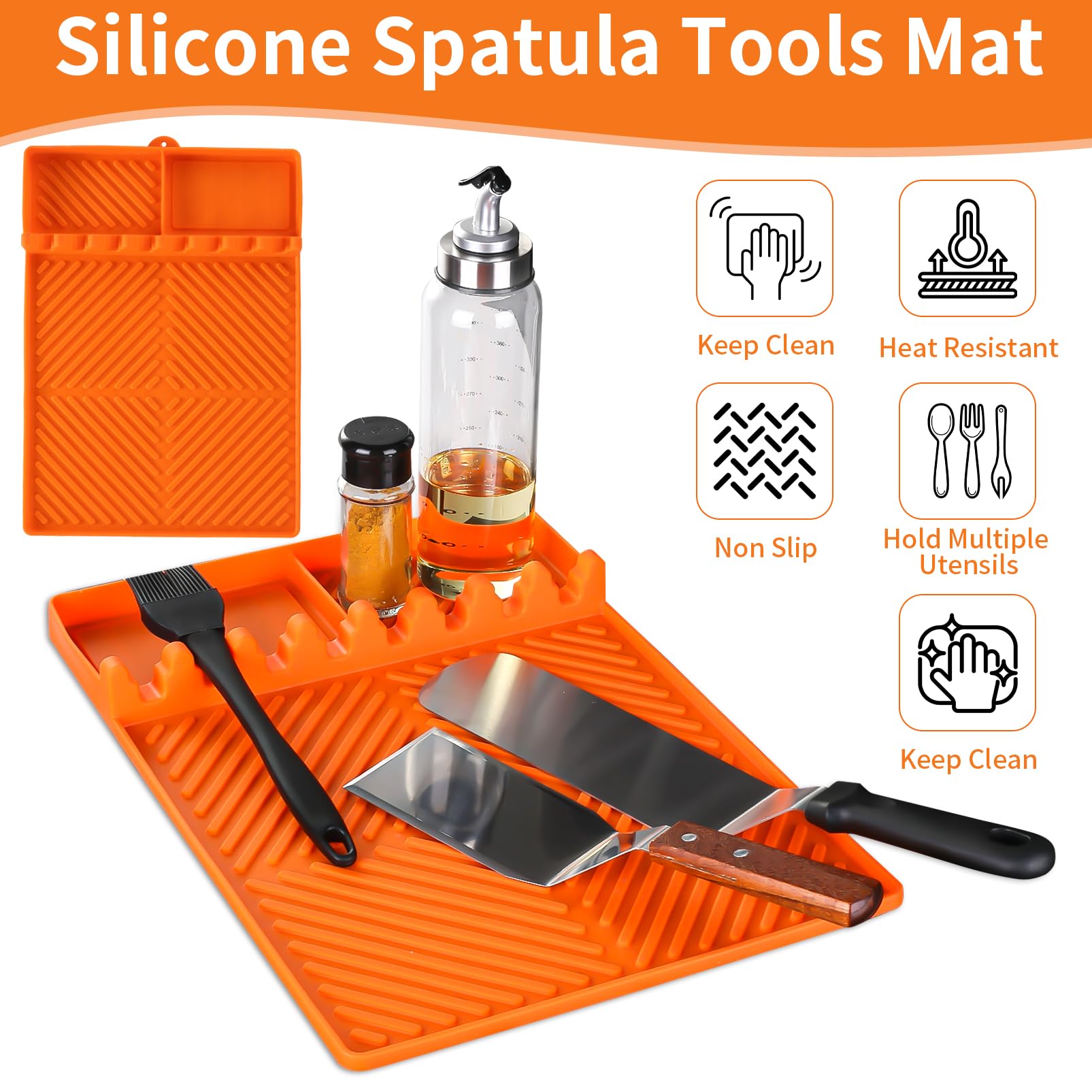 Griddle Mat Barbeque Grill Accessories Tools for Blackstone, Side Shelf Mat Grill Pad for Outdoor Grill Kitchen Counter Spatula Silicone Mat with Drip Pad for Kitchen, Cooking, Countertop (Orange) - CookCave