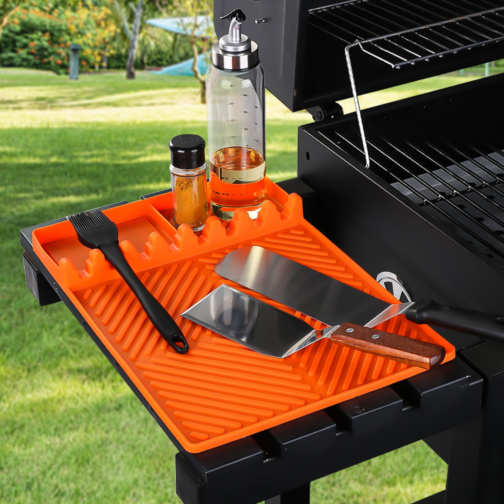 Griddle Mat Barbeque Grill Accessories Tools for Blackstone, Side Shelf Mat Grill Pad for Outdoor Grill Kitchen Counter Spatula Silicone Mat with Drip Pad for Kitchen, Cooking, Countertop (Orange) - CookCave