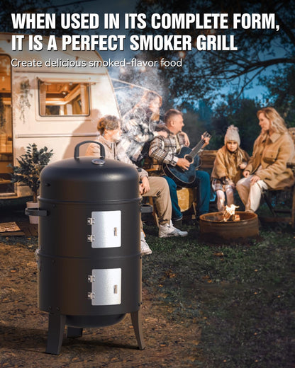 GRiliFE 16" Charcoal Smoker, 3 in 1 Vertical Barbecue Grill, Outdoor Fire Pit 402 Square Inches Cooking Area, Versatile Outdoor Smoker Grill, Black - CookCave