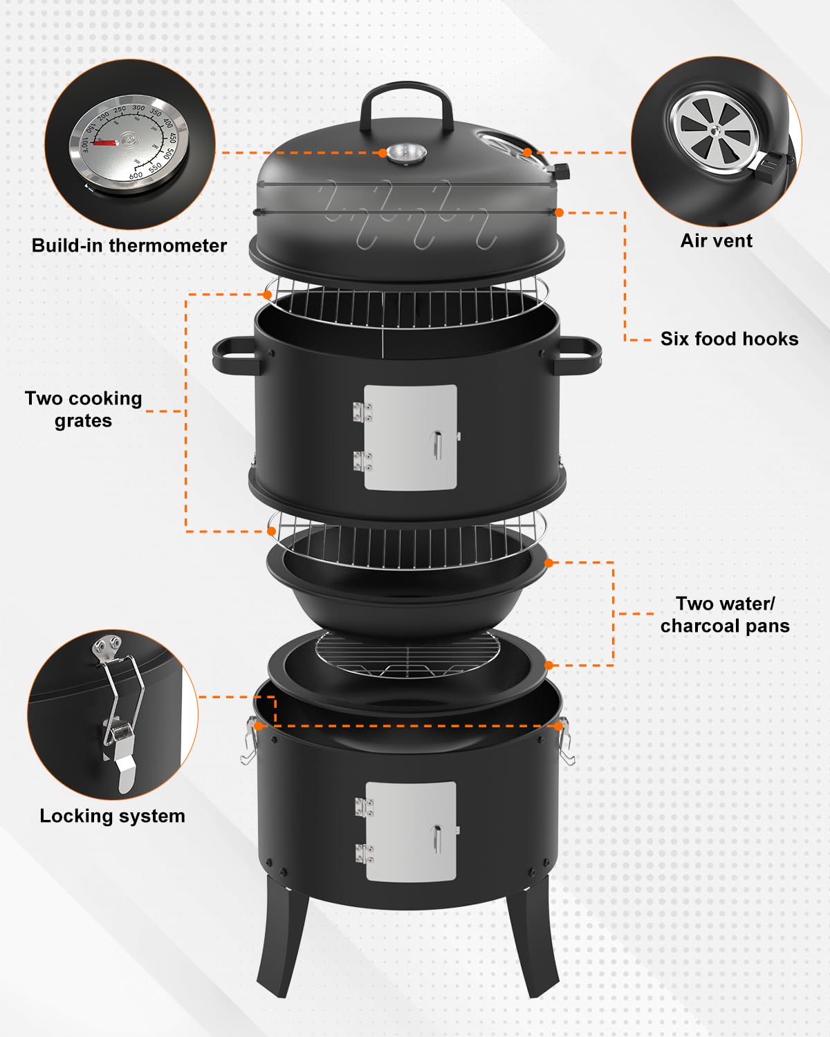 GRiliFE 16" Charcoal Smoker, 3 in 1 Vertical Barbecue Grill, Outdoor Fire Pit 402 Square Inches Cooking Area, Versatile Outdoor Smoker Grill, Black - CookCave