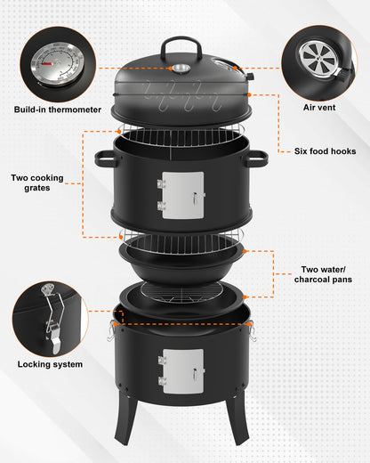 GRiliFE 16" Charcoal Smoker, 3 in 1 Vertical Barbecue Grill, Outdoor Fire Pit 402 Square Inches Cooking Area, Versatile Outdoor Smoker Grill, Black - CookCave