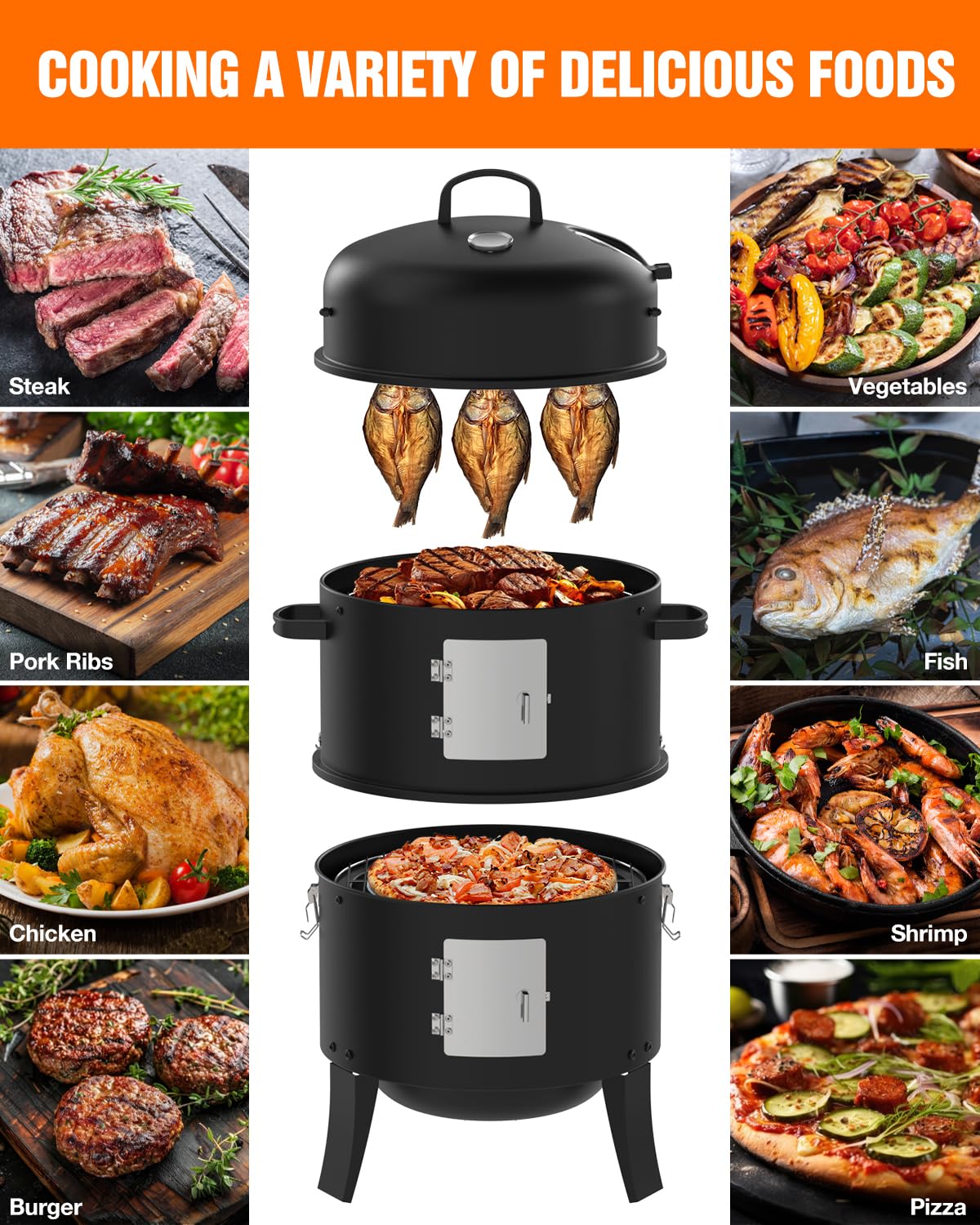 GRiliFE 16" Charcoal Smoker, 3 in 1 Vertical Barbecue Grill, Outdoor Fire Pit 402 Square Inches Cooking Area, Versatile Outdoor Smoker Grill, Black - CookCave