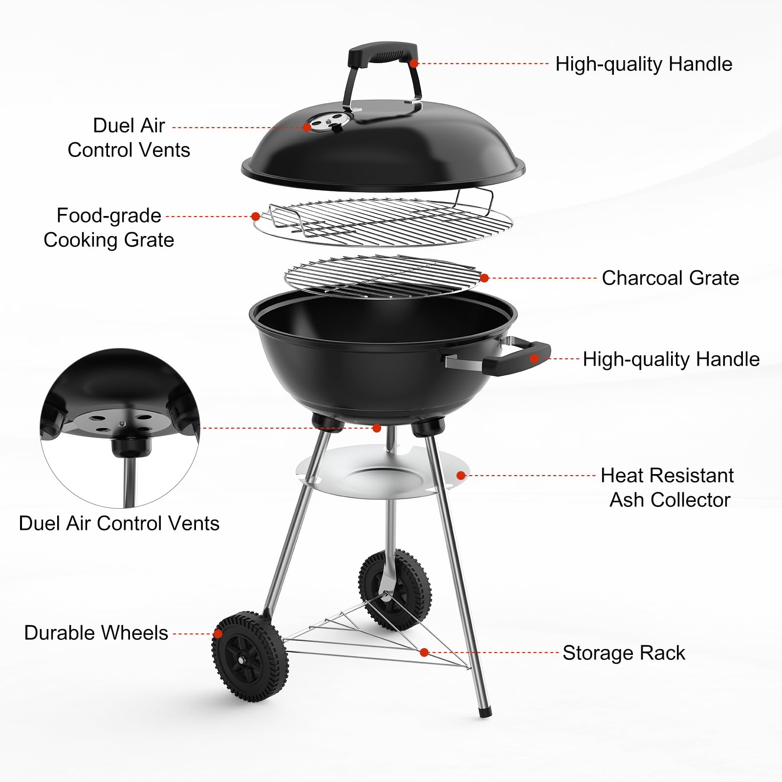 GRILIFE 18 inch Charcoal Grill, Portable Round Kettle Barbecue Grills,Durable & Easy to Assemble, Smoker/BBQ Grill with Wheels for Backyard, Camping, Small Patio and Beach, Black - CookCave