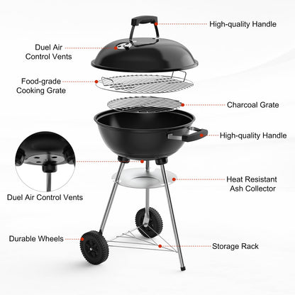 GRILIFE 18 inch Charcoal Grill, Portable Round Kettle Barbecue Grills,Durable & Easy to Assemble, Smoker/BBQ Grill with Wheels for Backyard, Camping, Small Patio and Beach, Black - CookCave