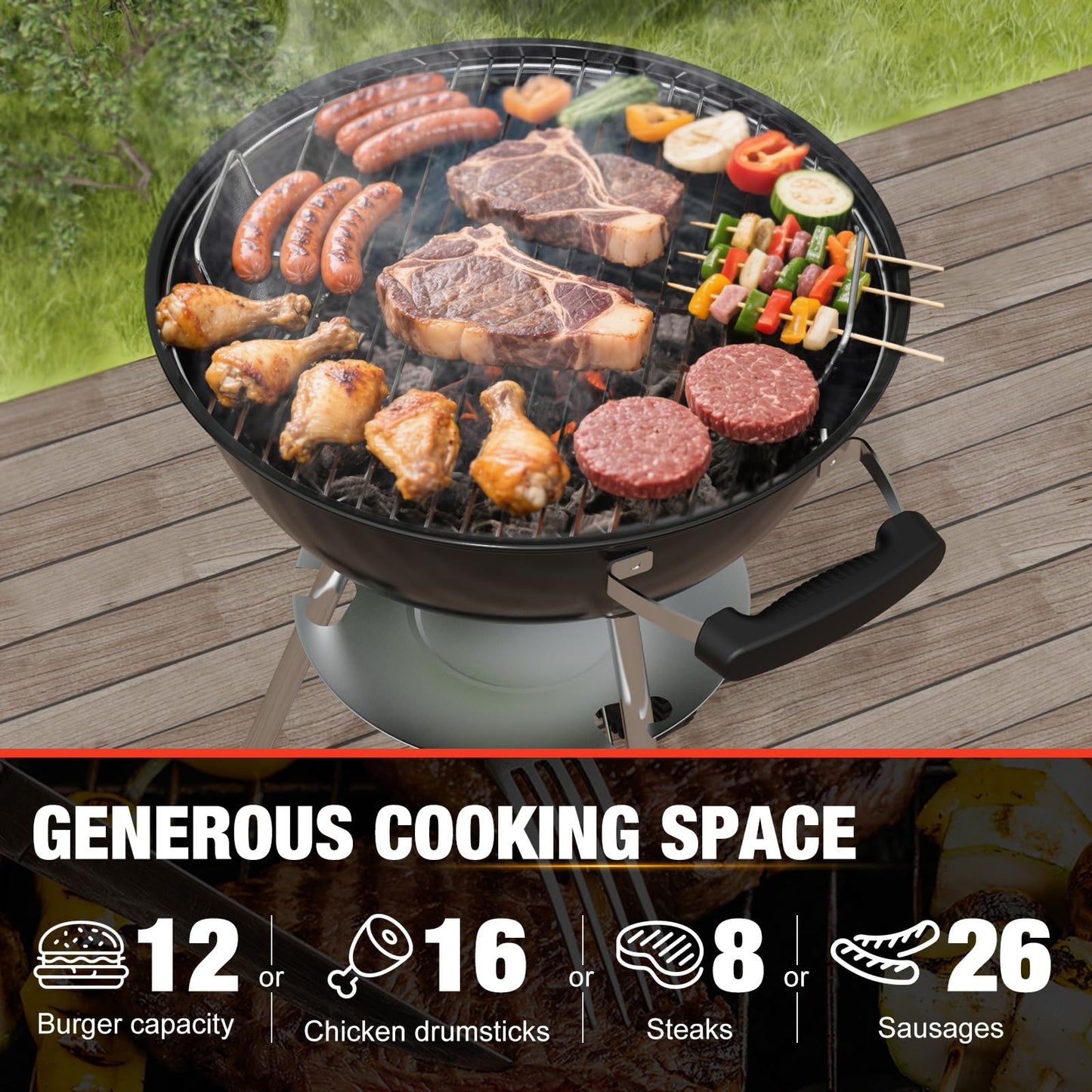 GRILIFE 18 inch Charcoal Grill, Portable Round Kettle Barbecue Grills,Durable & Easy to Assemble, Smoker/BBQ Grill with Wheels for Backyard, Camping, Small Patio and Beach, Black - CookCave