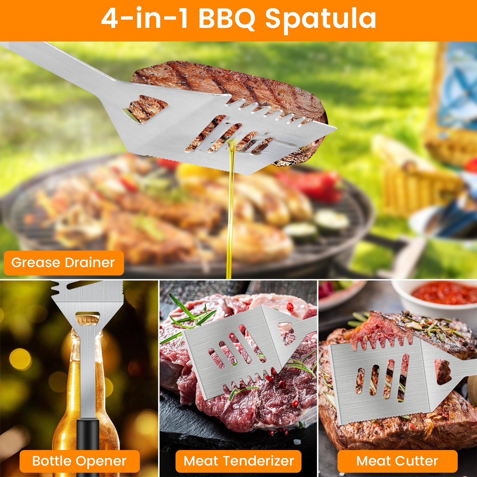 Grill Accessories Kit, Grill Tool Set with 4-in-1 BBQ Spatula, Fork, Tongs, Cleaner Brush, Skewers, Silicone Corn Holders, Silicone Brush, Grilling Gift Set for Men and Women - CookCave