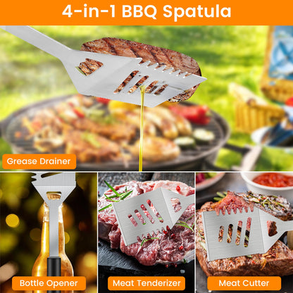 Grill Accessories Kit, Grill Tool Set with 4-in-1 BBQ Spatula, Fork, Tongs, Cleaner Brush, Skewers, Silicone Corn Holders, Silicone Brush, Grilling Gift Set for Men and Women - CookCave