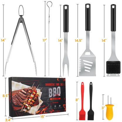 Grill Accessories Kit, Grill Tool Set with 4-in-1 BBQ Spatula, Fork, Tongs, Cleaner Brush, Skewers, Silicone Corn Holders, Silicone Brush, Grilling Gift Set for Men and Women - CookCave