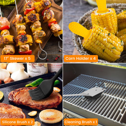 Grill Accessories Kit, Grill Tool Set with 4-in-1 BBQ Spatula, Fork, Tongs, Cleaner Brush, Skewers, Silicone Corn Holders, Silicone Brush, Grilling Gift Set for Men and Women - CookCave