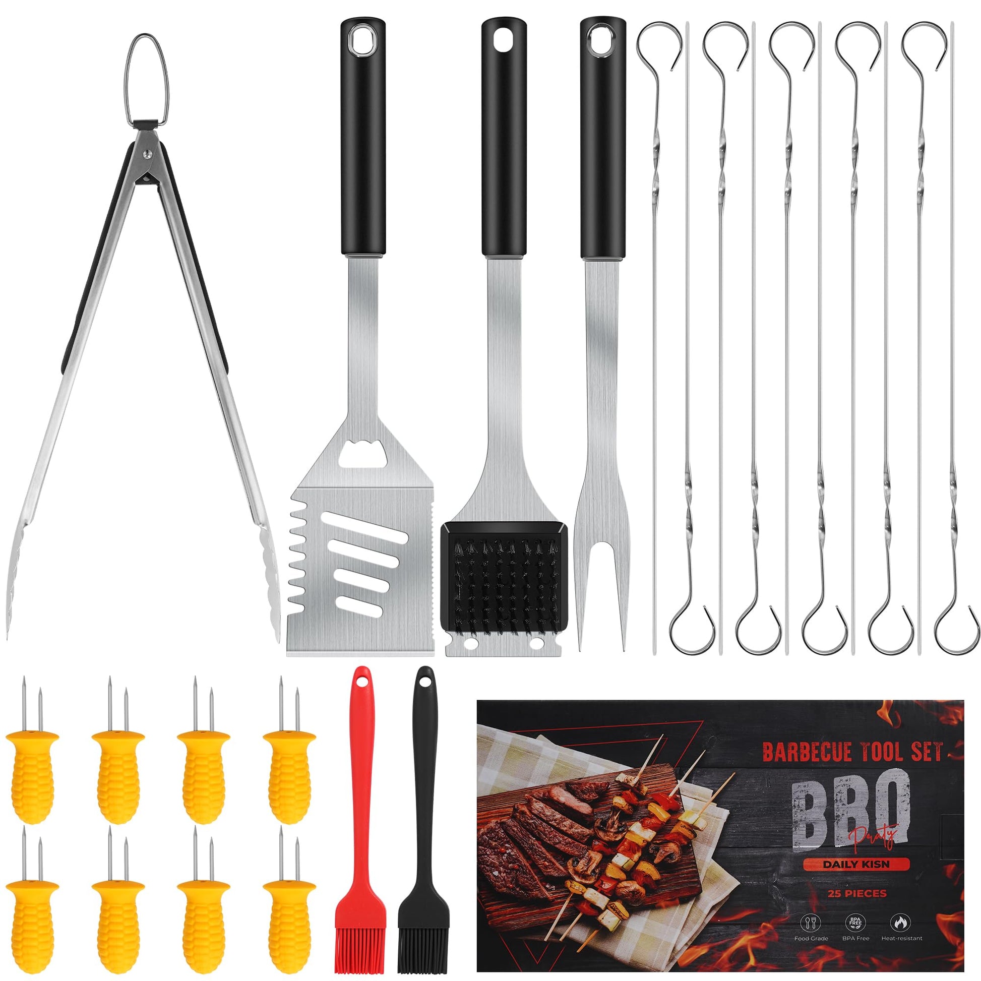 Grill Accessories Kit, Grill Tool Set with 4-in-1 BBQ Spatula, Fork, Tongs, Cleaner Brush, Skewers, Silicone Corn Holders, Silicone Brush, Grilling Gift Set for Men and Women - CookCave