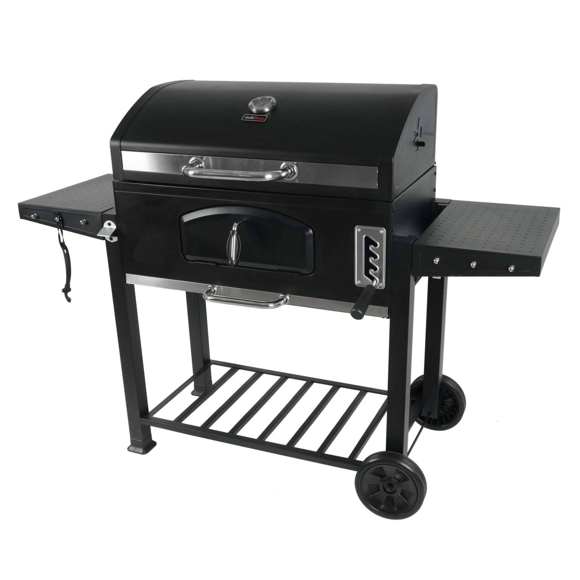 Grill Boss 32 Inch Charcoal BBQ Grill with Side Shelves, Built-In Thermometer, Black - CookCave