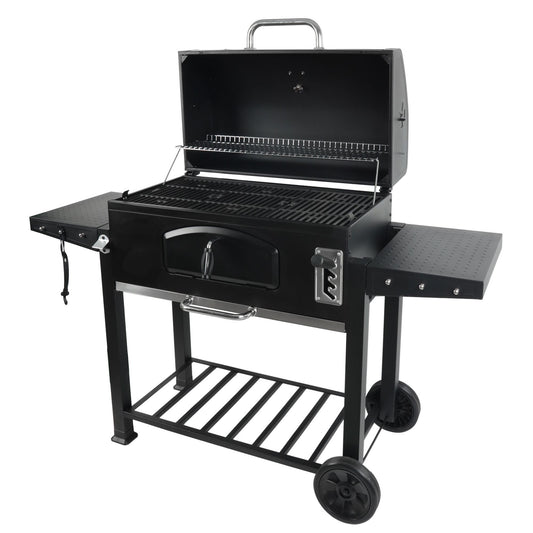 Grill Boss 32 Inch Charcoal BBQ Grill with Side Shelves, Built-In Thermometer, Black - CookCave