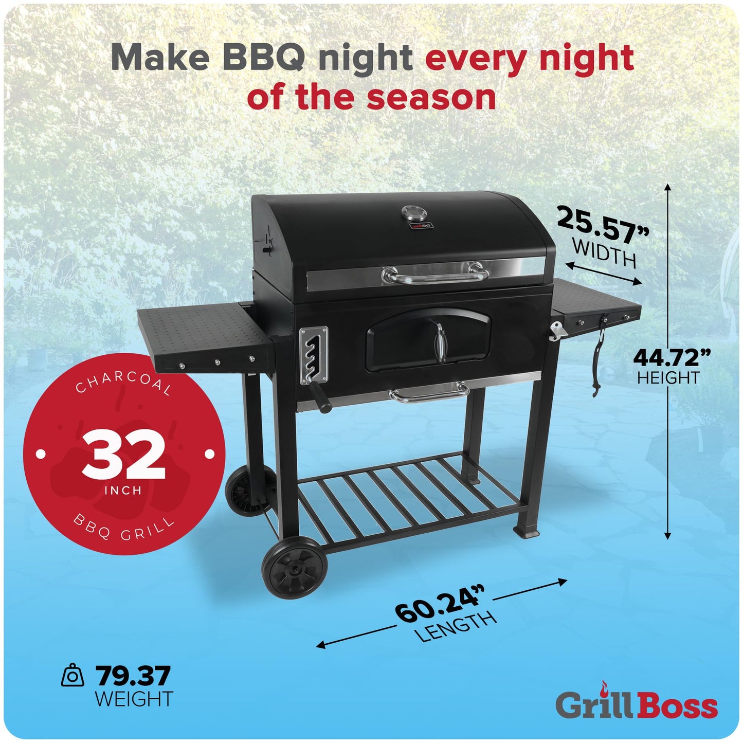 Grill Boss 32 Inch Charcoal BBQ Grill with Side Shelves, Built-In Thermometer, Black - CookCave