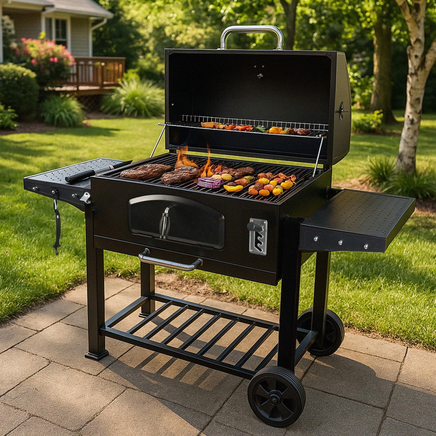 Grill Boss 32 Inch Charcoal BBQ Grill with Side Shelves, Built-In Thermometer, Black - CookCave