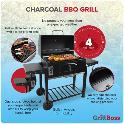 Grill Boss 32 Inch Charcoal BBQ Grill with Side Shelves, Built-In Thermometer, Black - CookCave
