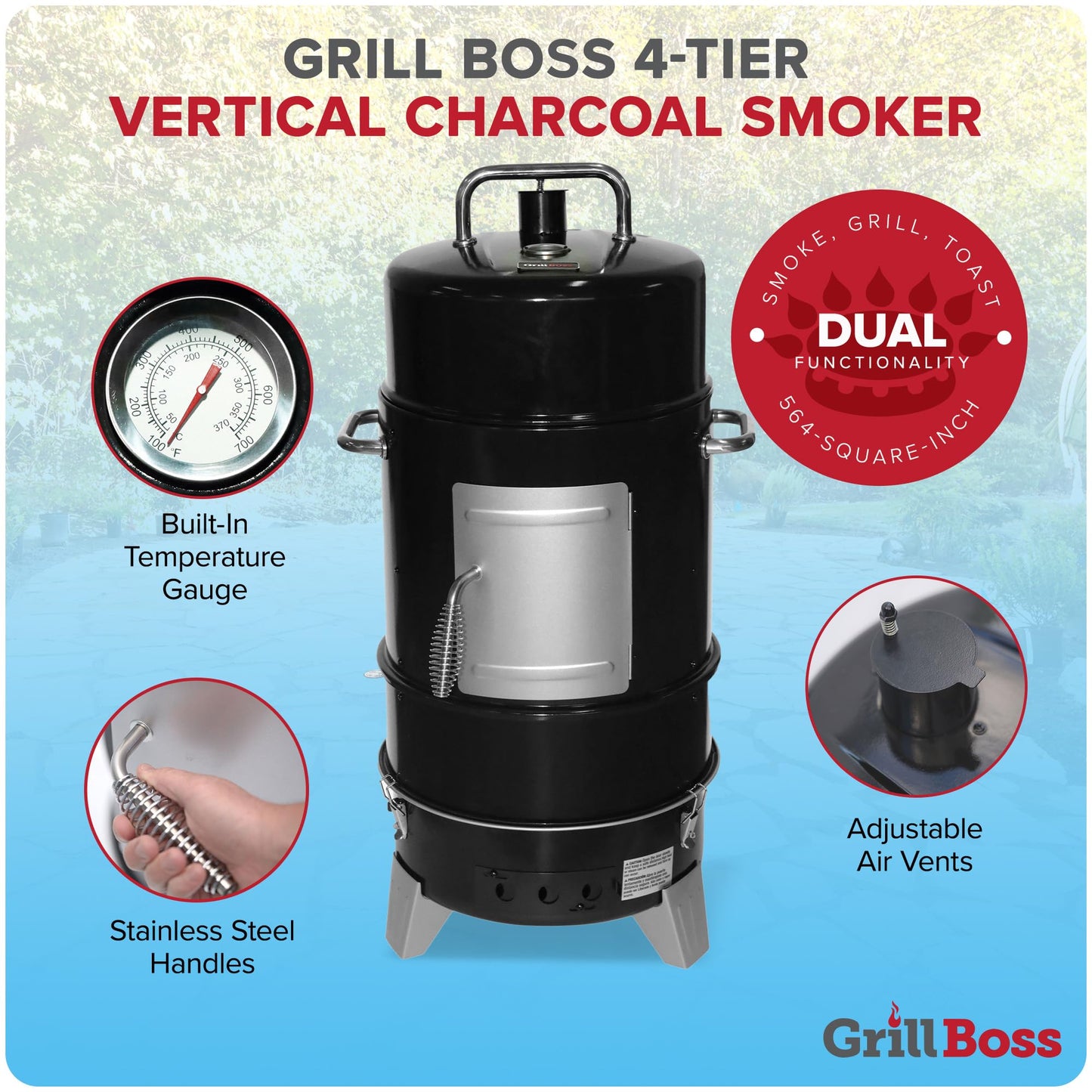 Grill Boss 4 Tier Vertical Freestanding Charcoal Smoker Portable BBQ Grill with Temperature Gauge for Outdoors, 564 Square Inch Cooking Area, Black - CookCave