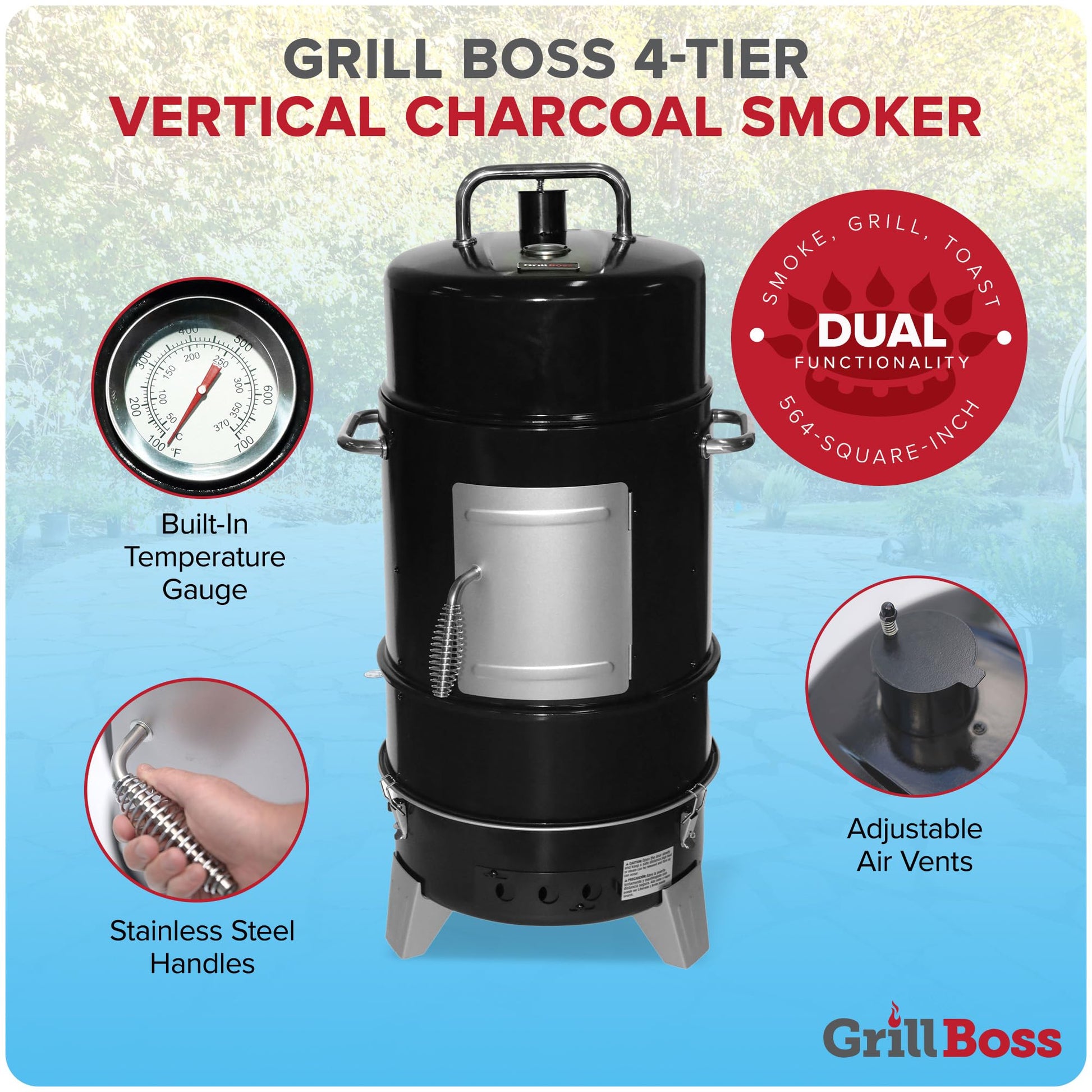 Grill Boss 4 Tier Vertical Freestanding Charcoal Smoker Portable BBQ Grill with Temperature Gauge for Outdoors, 564 Square Inch Cooking Area, Black - CookCave