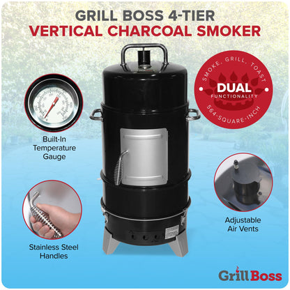 Grill Boss 4 Tier Vertical Freestanding Charcoal Smoker Portable BBQ Grill with Temperature Gauge for Outdoors, 564 Square Inch Cooking Area, Black - CookCave