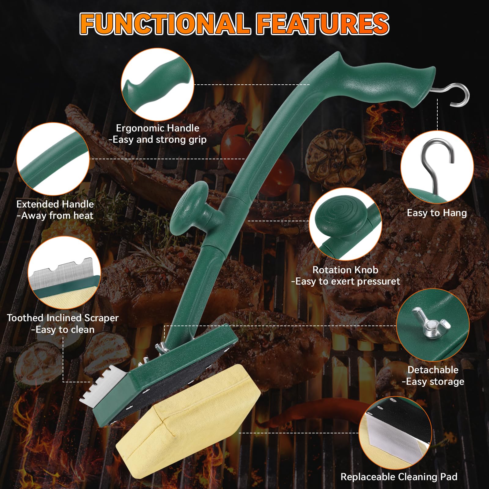 Grill Brush Bristle Free with Scraper,22" Extra Long Steam Grill Brush for Outdoor Grill,Replaceable Cleaning Head,Safe Grill Cleaner for Cast Iron/Stainless-Steel Grates,BBQ Accessories Gifts for Men - CookCave