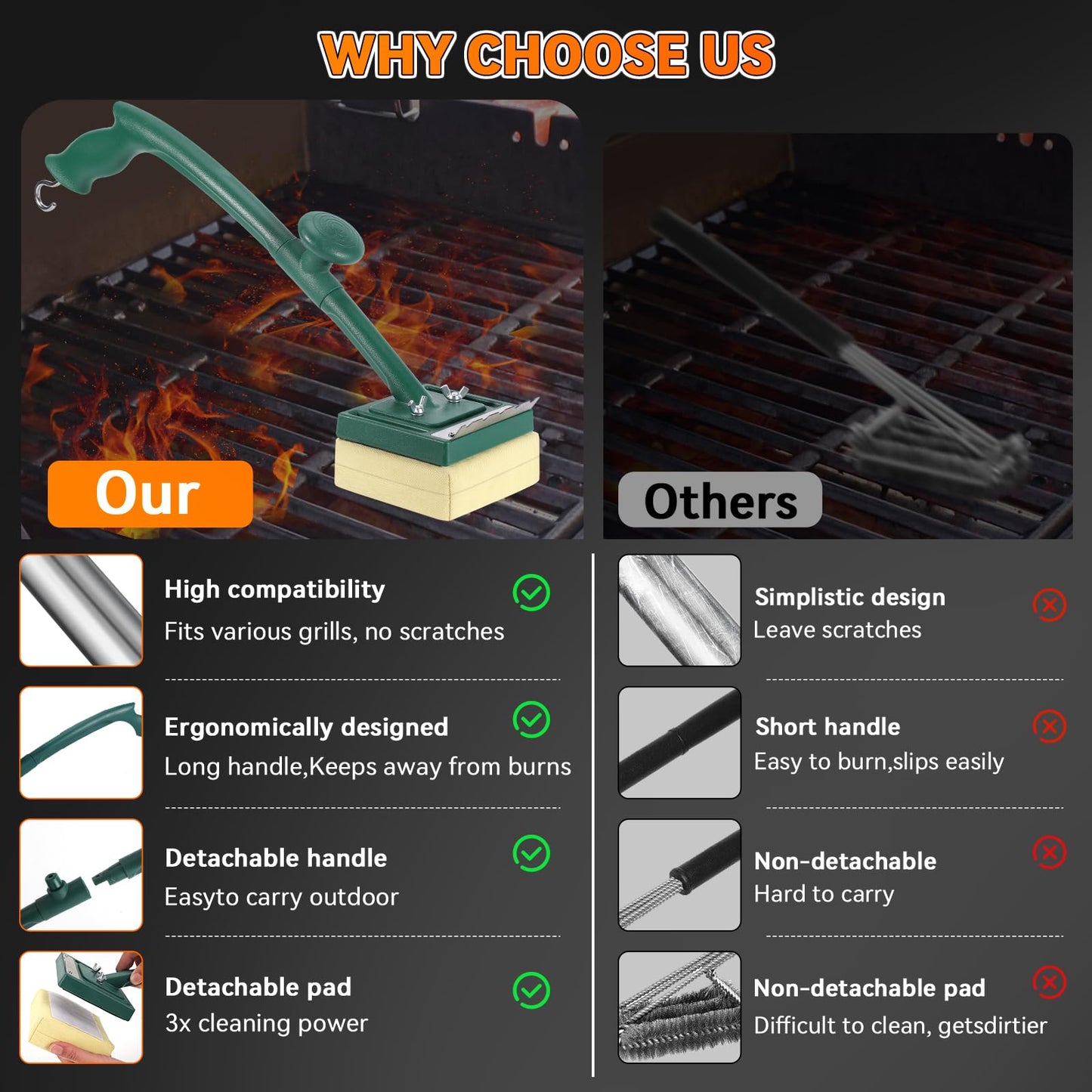 Grill Brush Bristle Free with Scraper,22" Extra Long Steam Grill Brush for Outdoor Grill,Replaceable Cleaning Head,Safe Grill Cleaner for Cast Iron/Stainless-Steel Grates,BBQ Accessories Gifts for Men - CookCave