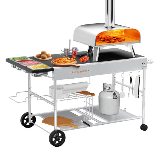 GRILL FORCE Pizza Oven Table with Topping Station, Outdoor Pizza Oven Cart, Grill Table for Outside, Grill Cart, Food Prep Work cart Fits for Ninja Woodfire Grill, Blackstone Griddle,Tabletop Grill - CookCave