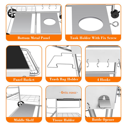 GRILL FORCE Pizza Oven Table with Topping Station, Outdoor Pizza Oven Cart, Grill Table for Outside, Grill Cart, Food Prep Work cart Fits for Ninja Woodfire Grill, Blackstone Griddle,Tabletop Grill - CookCave