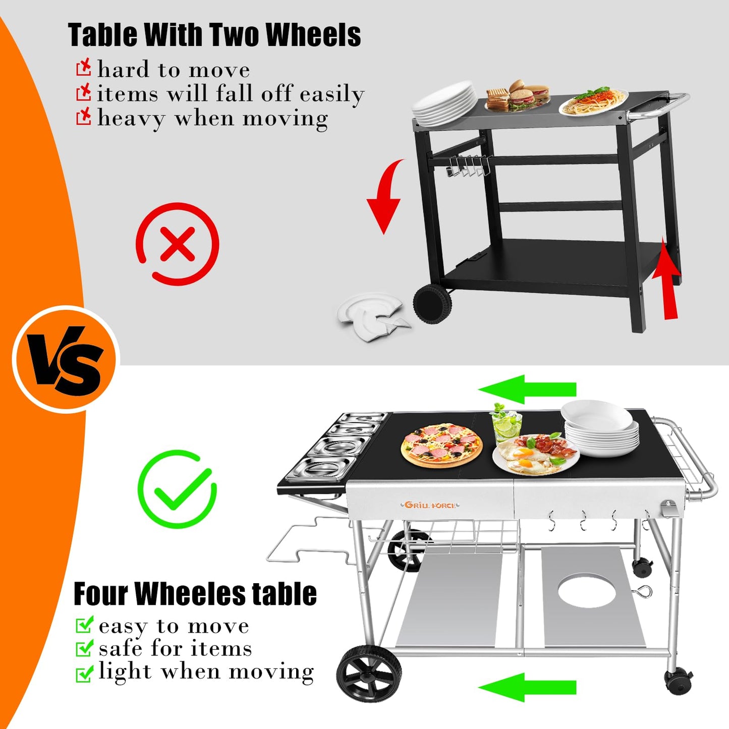 GRILL FORCE Pizza Oven Table with Topping Station, Outdoor Pizza Oven Cart, Grill Table for Outside, Grill Cart, Food Prep Work cart Fits for Ninja Woodfire Grill, Blackstone Griddle,Tabletop Grill - CookCave