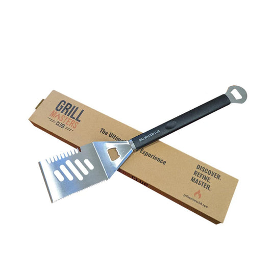 Grill Masters Club 4-in-1 BBQ Spatula | Multifunctional Stainless Steel Grill Spatula with Polypropylene Handle, Serrated Edges, Bottle Opener | Perfect for BBQ grills, kebabs for Camping & Picnics - CookCave